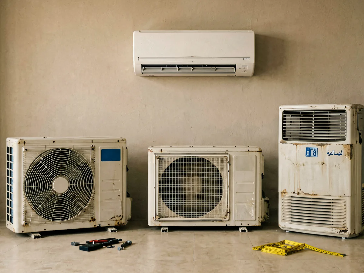 Used split, window and floor-standing air conditioners arranged for evaluation in Taif