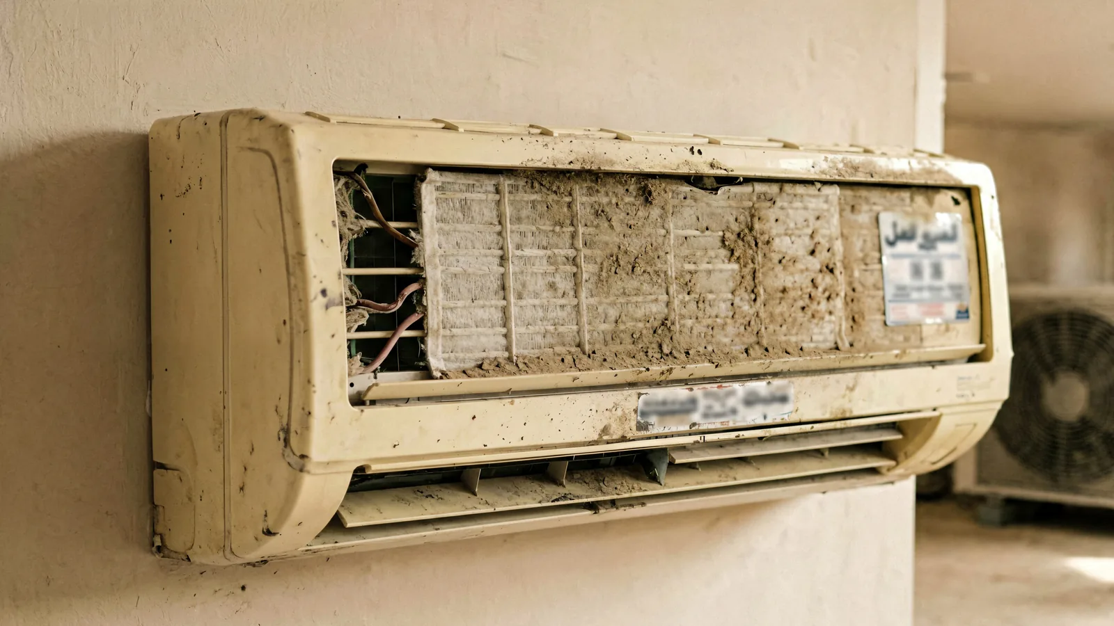 Close view of an old split air conditioner showing its filter and visible wear