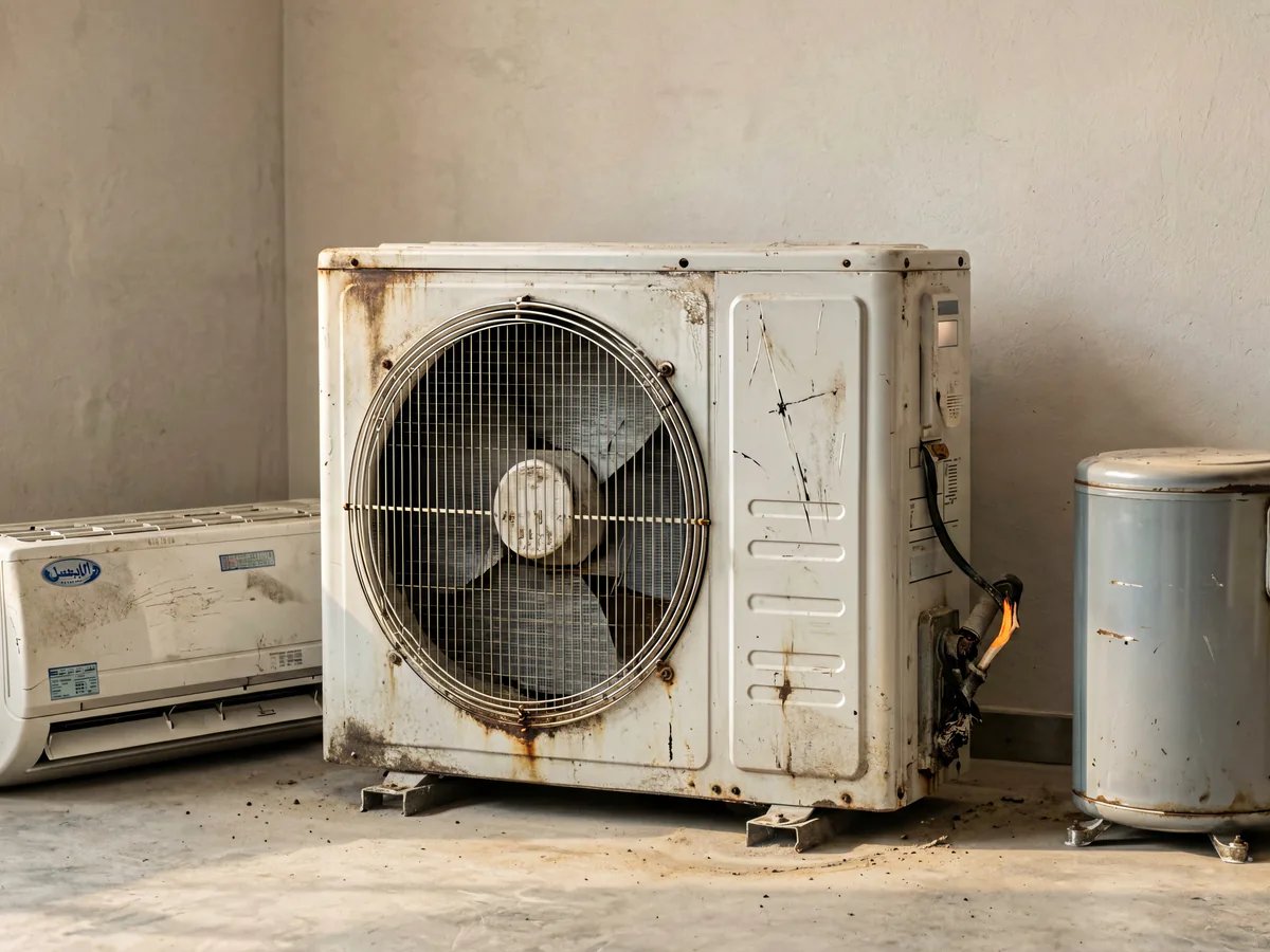 Used and damaged air-conditioning units prepared for condition evaluation in Taif