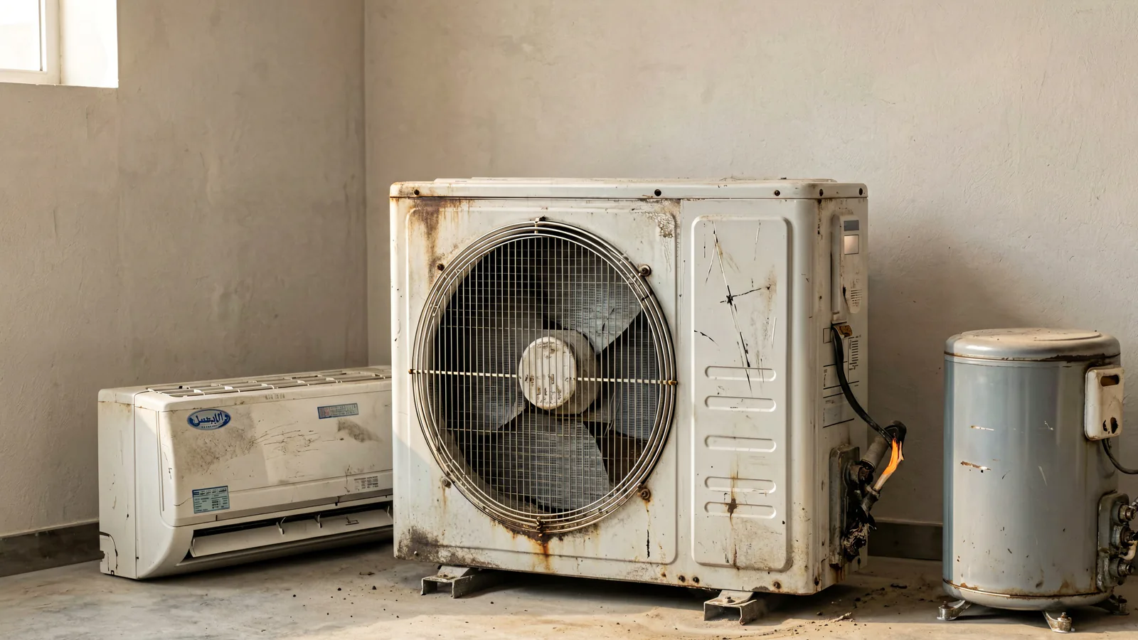 Used and damaged air-conditioning units prepared for condition evaluation in Taif