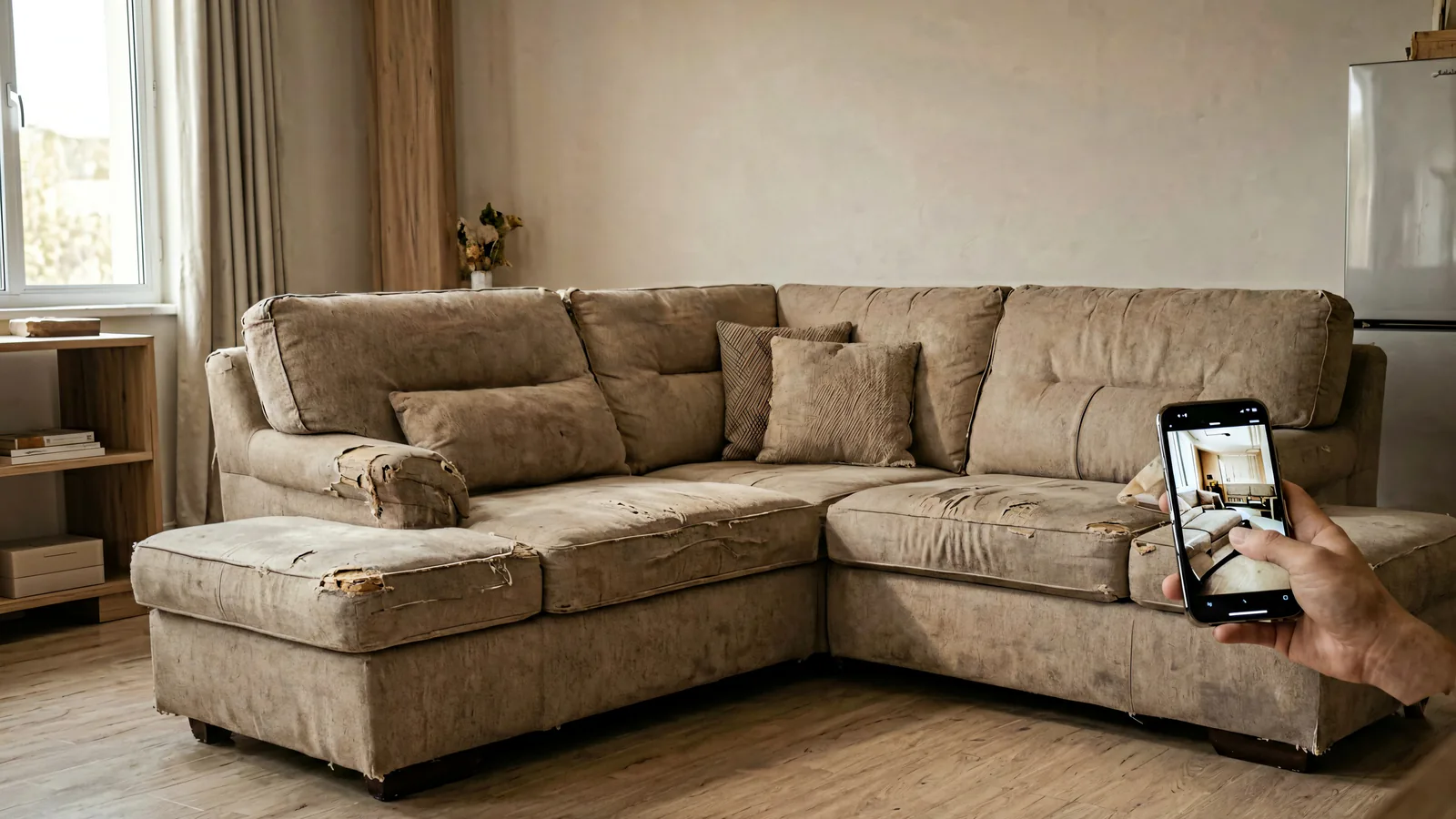 Seller photographing a used sofa and majalis seating before requesting an evaluation