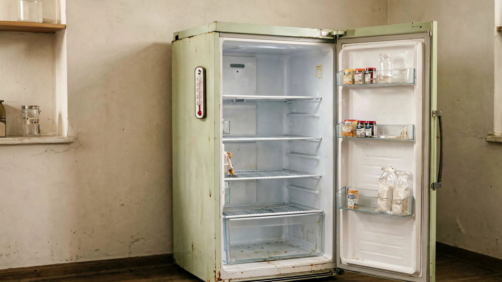 Non-working refrigerator with an open empty interior prepared for condition review