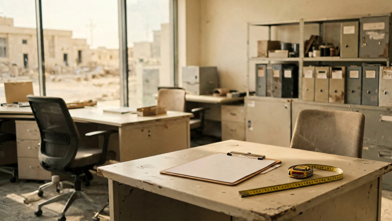 Office desks, chairs and cabinets grouped for an organised clearance