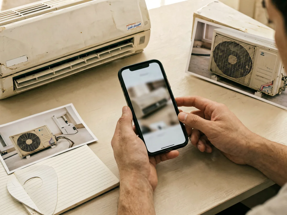 Seller photographing a used air conditioner for an initial evaluation in Taif
