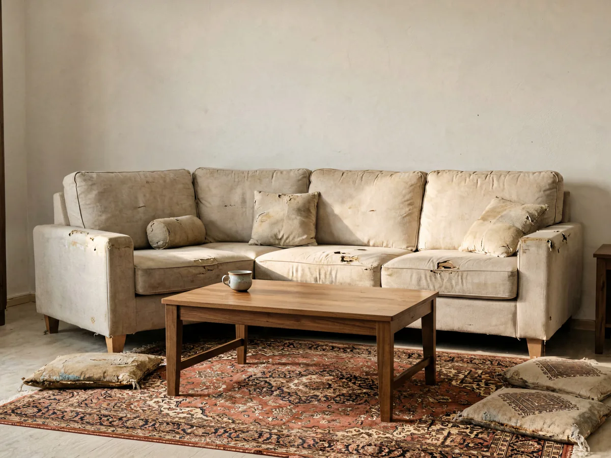 Used sofa and majalis seating arranged for resale evaluation in a Taif home