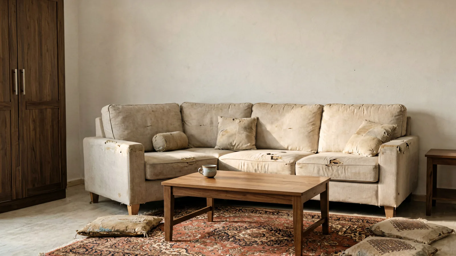 Used sofa and majalis seating arranged for resale evaluation in a Taif home