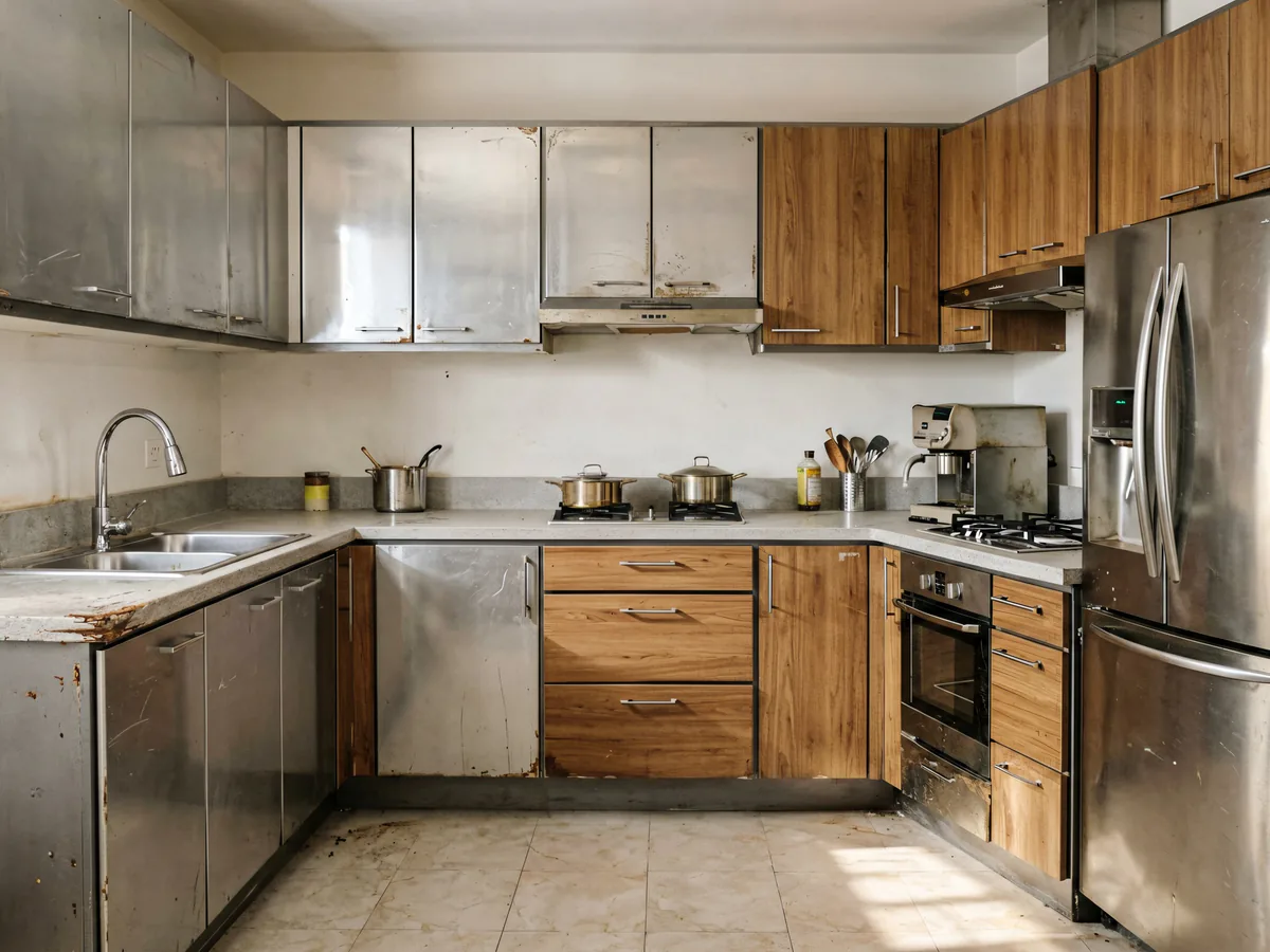 Used kitchen cabinets, counters and appliances prepared for inspection in a Taif home
