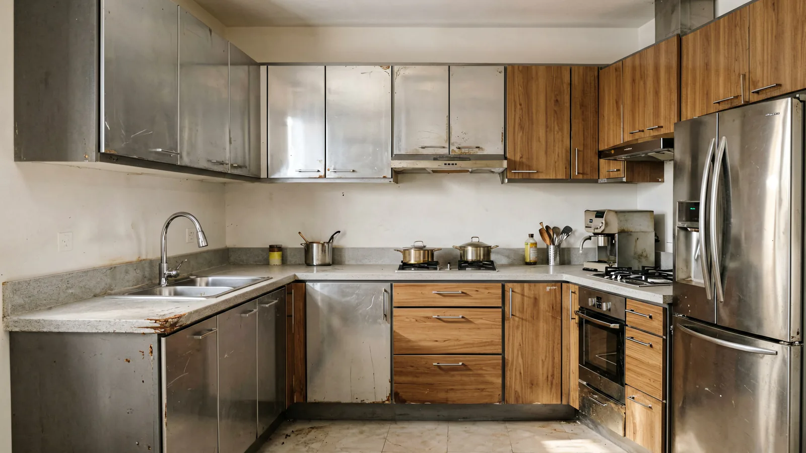 Used kitchen cabinets, counters and appliances prepared for inspection in a Taif home