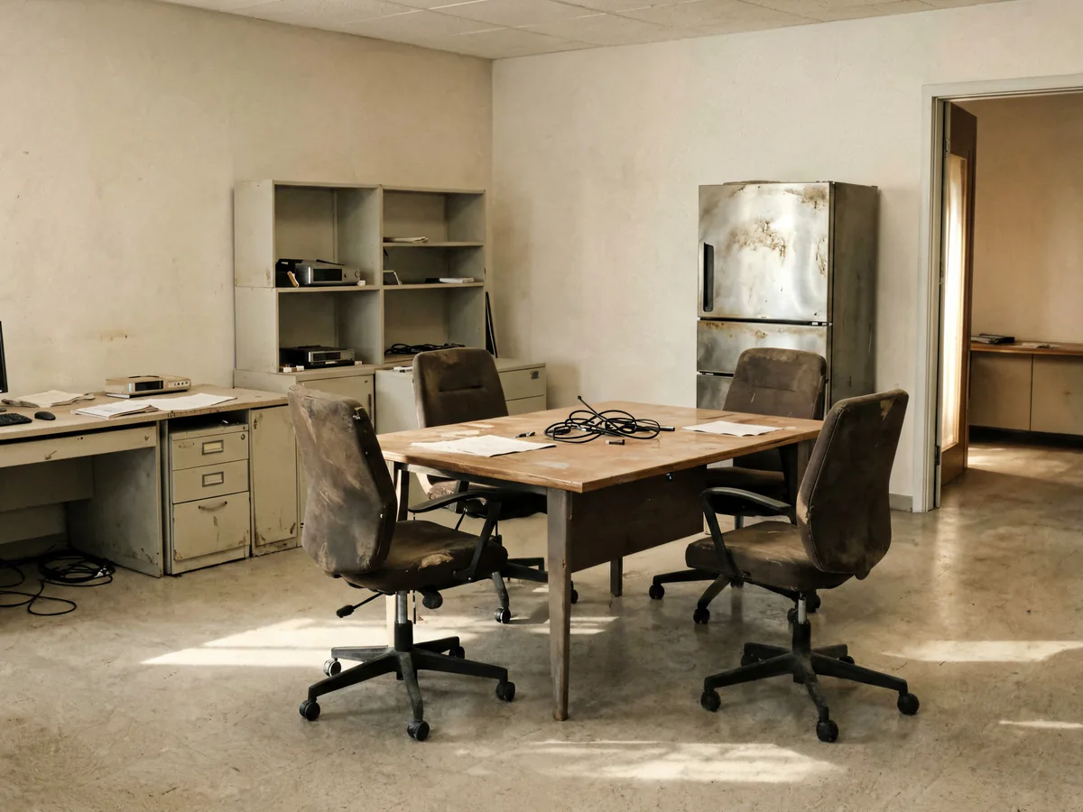 Used desks, chairs and office storage arranged for clearance evaluation