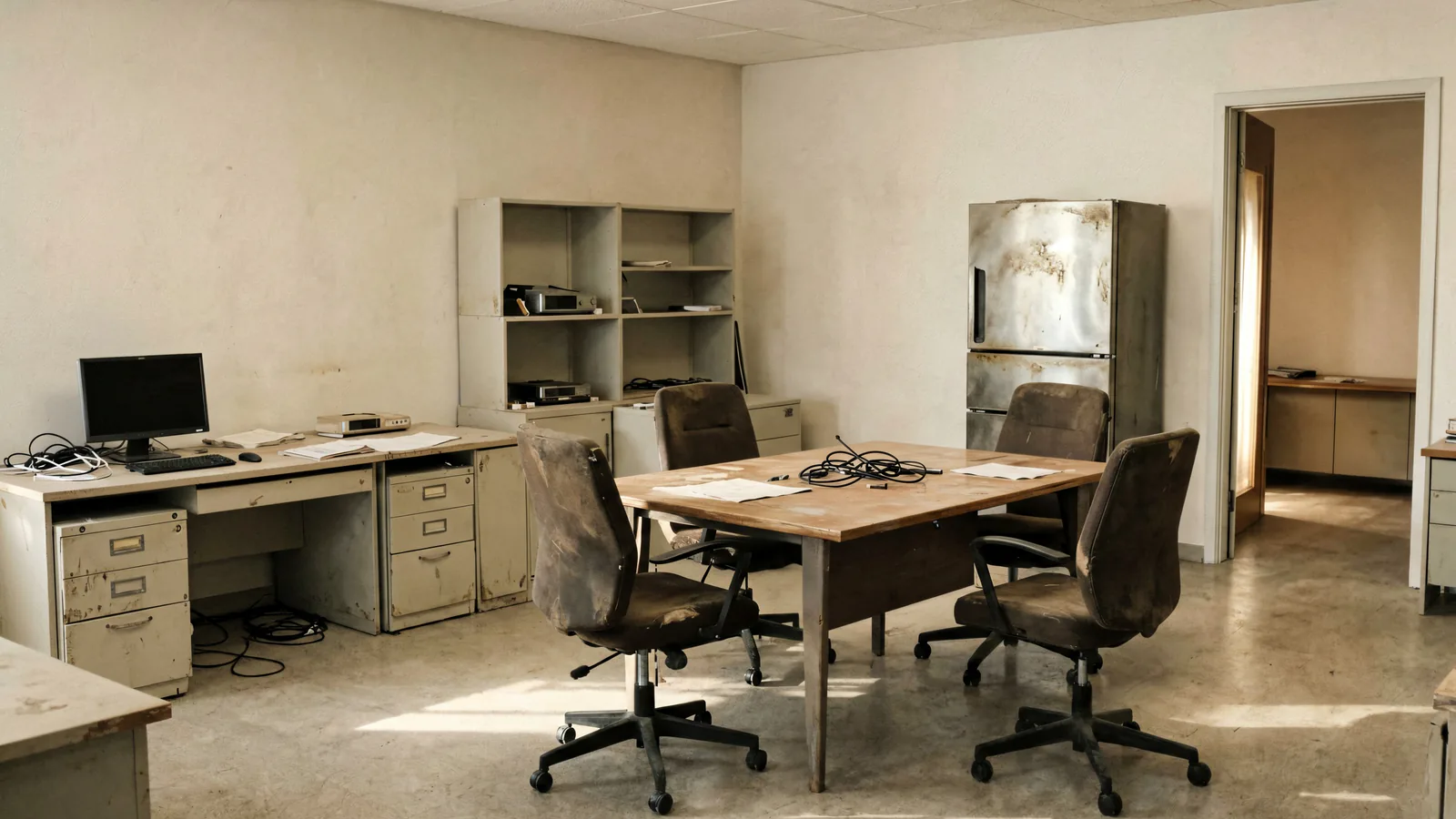 Used desks, chairs and office storage arranged for clearance evaluation