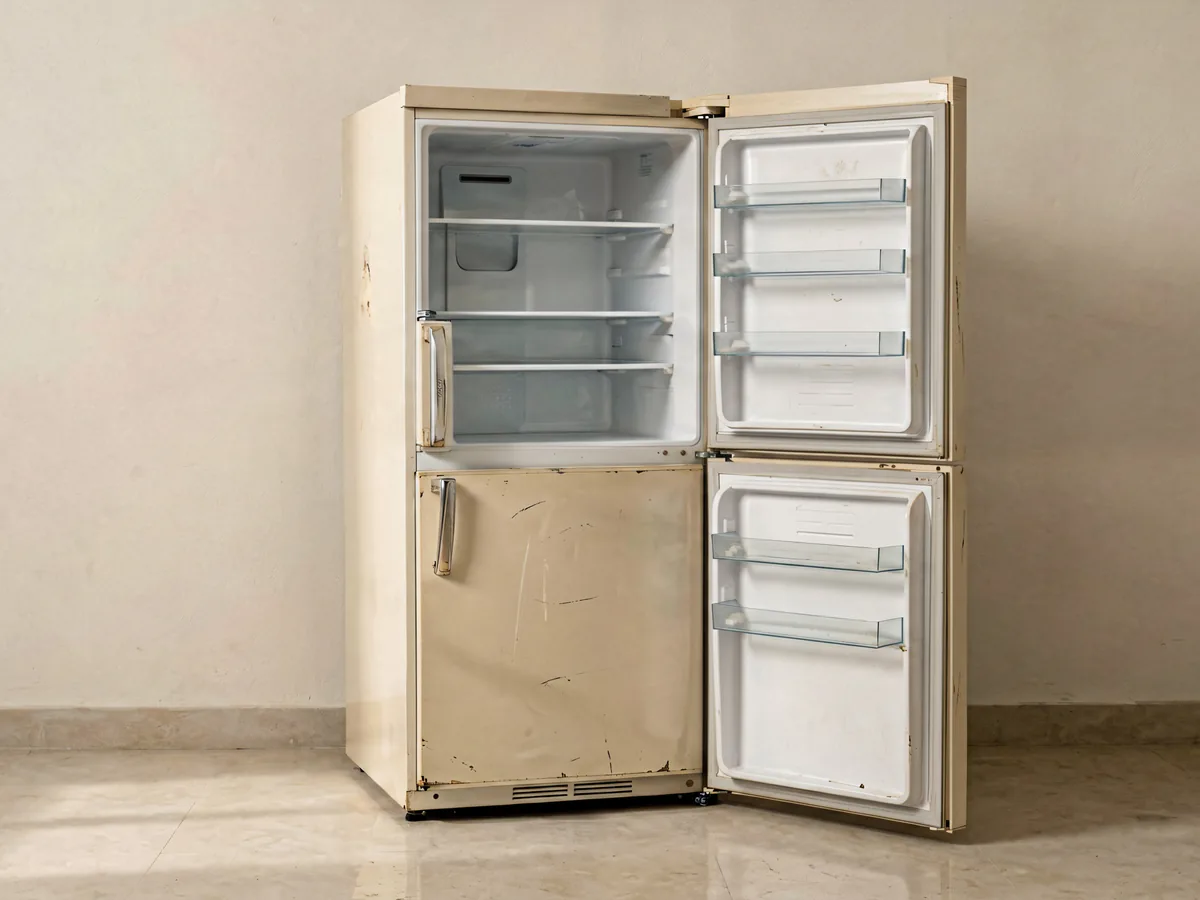 Used refrigerator and compact freezer with open empty interiors ready for review