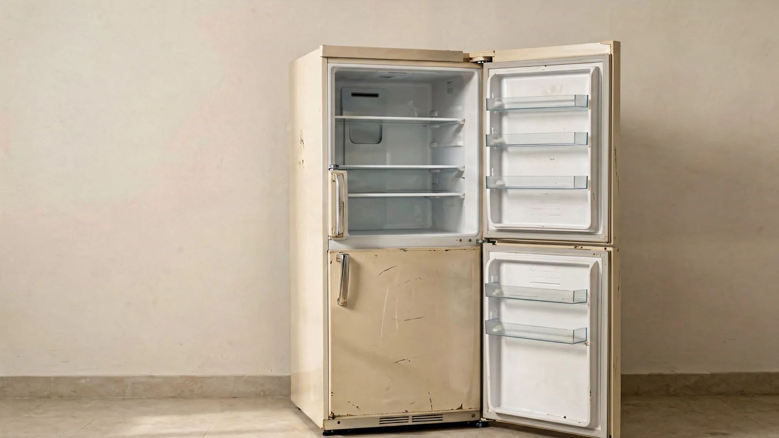 Used refrigerator and compact freezer with open empty interiors ready for review