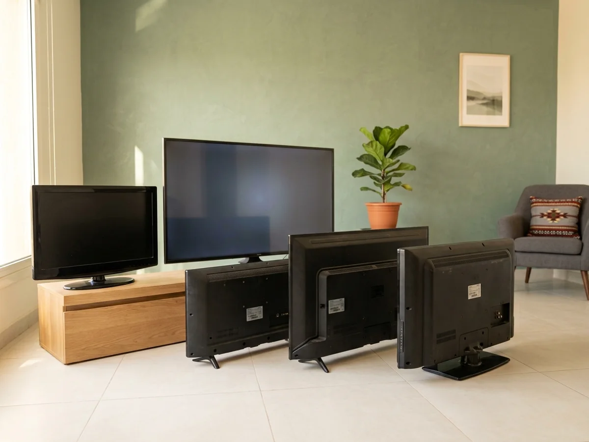 Used televisions and screens arranged for evaluation and collection in Taif