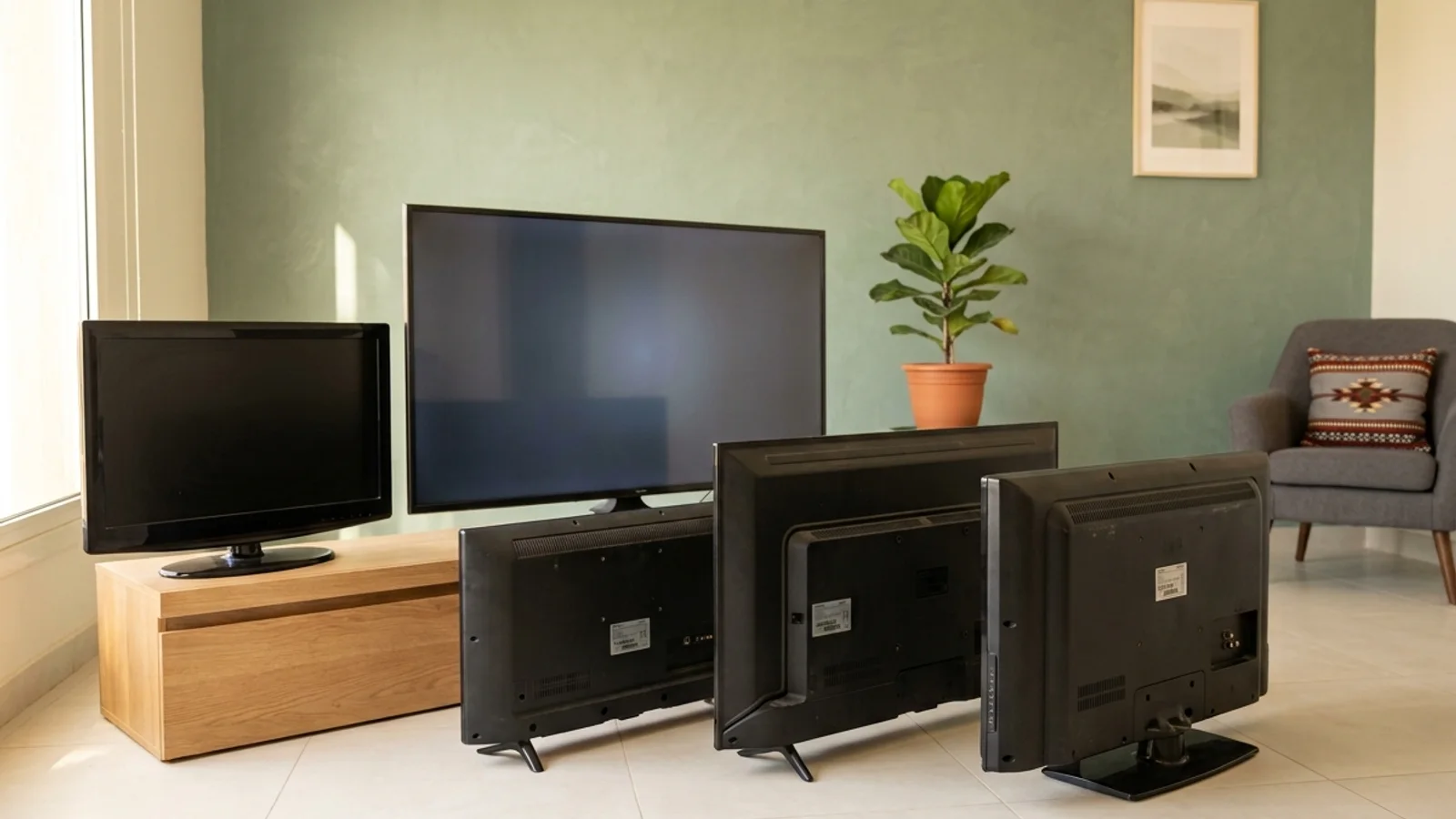Used televisions and screens arranged for evaluation and collection in Taif
