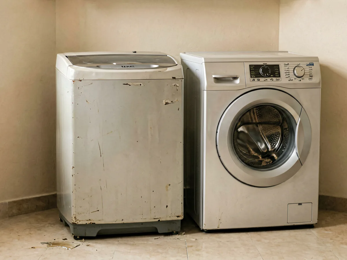 Used front-loading and top-loading washing machines ready for inspection and collection