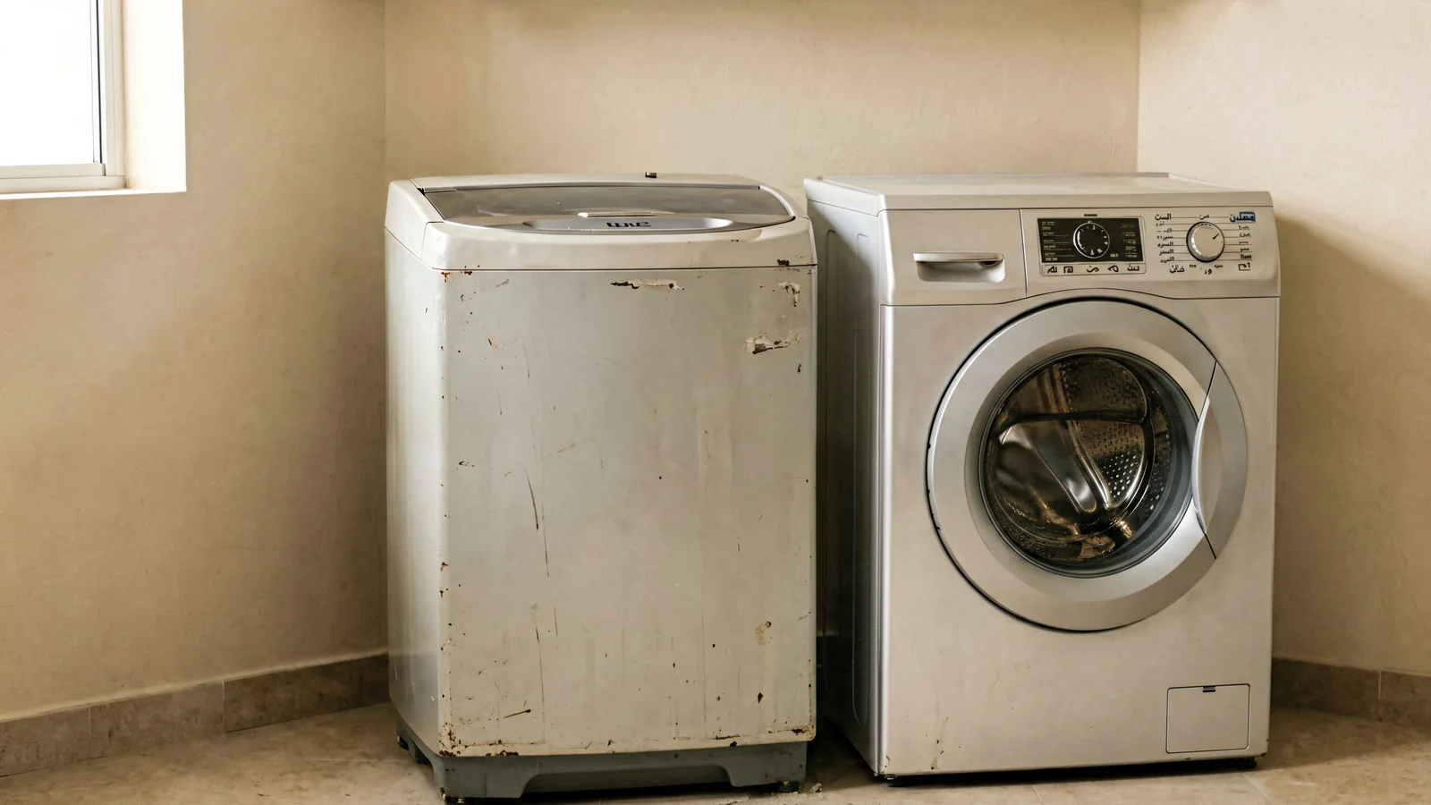Used front-loading and top-loading washing machines ready for inspection and collection